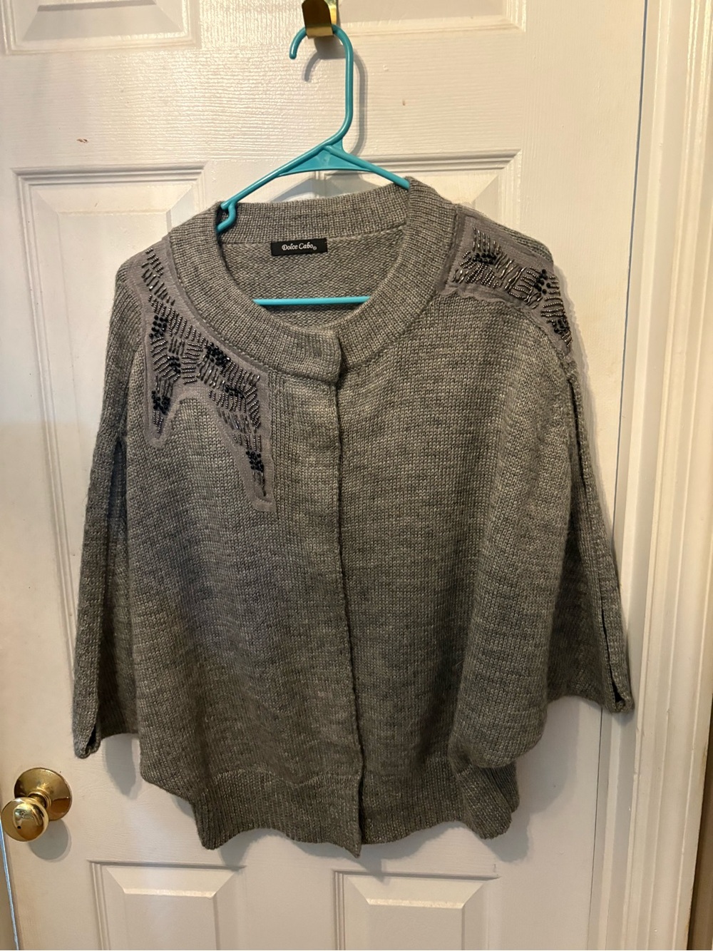 Dolce Cabo Gray Knit Cardigan Poncho with Embroidered Shoulders